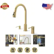 Elegant Gold 3 Hole Kitchen Faucet with Pull Down Sprayer & Soap Dispenser