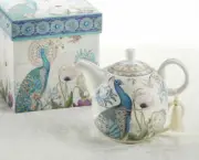 Delton Porcelain Tea for One Gift Set Stacked Teapot & Cup PEACOCK