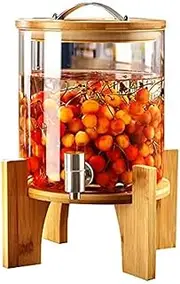 Beverage Dispenser with Stainless Steel Tap,Juice Dispenser,Drink Bottle Glass with Wooden Stand, Large-Capacity Household Clear Glass Jug-5L