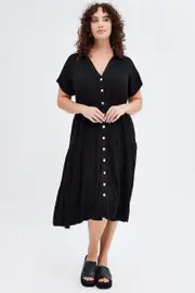 Black Shirtdress Midi Button Linen Blend Short Sleeve