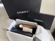 Authentic NIB New Chanel Black Lambskin Ballet Flats w/ Patent Cap Toe Sz 41.5