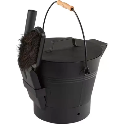 Ash Bucket with Lid, Broom & Shovel – Fireplace Ash Container Cleaning Set