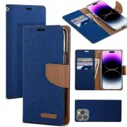 Goospery Canvas Apple iPhone 14 Pro Max Wallet Leather Case Denim Stand Flip Fabric Pouch Credit Card Slots Cover - Navy Blue