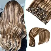 VINBAO Clip-In Real Hair Extensions, Dark Blonde Real Hair Extensions, Dark Brown with Blonde #4P27, Clip-In Hair Extensions, Real Hair, 20 Inches, 120 g, 6 Pieces (#4P27.50 cm)