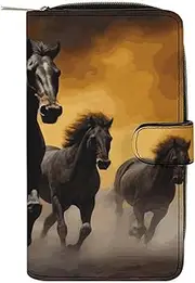 [RTSEBVN] Leather Wallet Multifunction Long Wallet Fashion Running Black Horses Printing Leather Purse with For Women And Men, style, 19.7x11x3.5cm, Leather Wallet