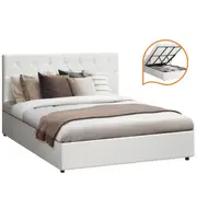 Oikiture Bed Frame King Size Gas Lift Storage Base White Leather COTI