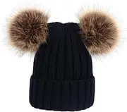 [COLLBATH] Warm Knitted Hat with Fluffy Balls for Years Unisex Earflap Beanie for Autumn for Boys Black