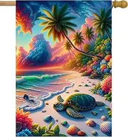 Pickako Turtle Plam Trees Shell Beach Colorful Flowers Summer Landscape Garden Flag 28 x 40 Inch, Double Sided Outdoor Decorative Welcome Yard Flags for Home House Lawn Patio
