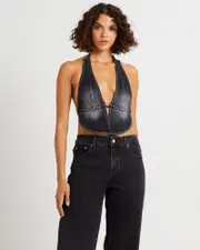 Trinity Denim Halter Top Charcoal Tint