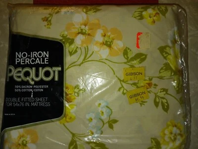 Vtg NIP Pequot No Iron Double Fitted Sheet Peach/ Blue/ Yellow Floral Rhapsody