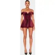 Burgundy Velvet Bardot Sweetheart Neckline Floaty Playsuit, Burgundy