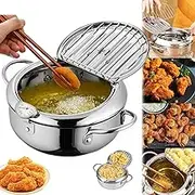 Stainless Steel Frying Pot with Thermometer and Oil Drip Drainer Rack, Stainless Steel Deep Fryer Pot, Japanese Deep Fryer Pot, Japanese Frying Pot for Kitchen Chips Chicken /447