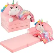 Burbell Toddler Chairs Comfy Unicorn Toddler Couches That Fold Out with Blanket 2-in-1 Kids Fold Out Couch Velvet Child Foldable Convertible Sofa to Lounger for 1-7 Years Old (Pink)