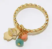 Designer Yellow Gold 24k Plated High Quality Ring w Drop Hamsa Hand Charm Sz 6.5
