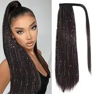 Brown Ponytail Extensions with Tinsel 26 Inch Wrap Around Ponytail Extension Hair Pieces for Women Straight Clip in Ponytail Extension for White Women (Brown, One size)