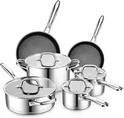[P&P CHEF] 10 Pcs Pots and Pans Sets, Stainless Steel Cookware Set of 6 for Kitchen, Induction Cooking Pot & Saucepans with Glass Lids, Nonstick Frying Pans & Saute Pan