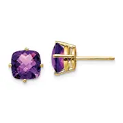 14k Yellow Gold 7x7mm Cushion Amethyst Checker Earring