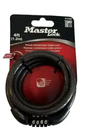 Master Lock Bike Lock 8143D Preset Combination Cable Lock, Black, 4 Ft.