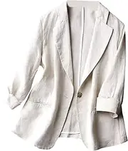 [SOMTHRON] Women's Casual Linen Blazer 3/4 Sleeve One Button Lapel Lightweight Work Office Dressy Suit Jacket