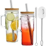 ALINK 2 Pack Glass Tumbler Cups with Bamboo Lids and Straws, 24oz Iced Coffee Cups-Reusable Mason Jar Drinking Glasses for Bubble Tea, Beer, Smoothie, Juice,Handle Cup