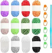 12 Pack Chenille Chunky Yarn - Baby Yarn for Crocheting Soft - White red Pink Blue...12 Color Velvet Yarn Crochet Blanket - Yarn Pack with Crochet Accessories