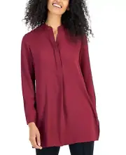 Anne Klein Split-Neck Long-Sleeve Nehru Tunic Top Women's S Chianti Side Slit