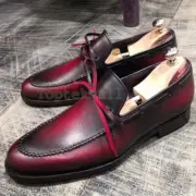 Handmade Men's Leather Burgundy Loafers Slip Ons Spring Casual Stylish Shoes-220