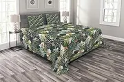 Ambesonne Green Bedspread, Hawaiian Summer Aloha Pattern with Tropical Plants and Hibiscus Flowers, Decorative Quilted 3 Piece Coverlet Set with 2 Pillow Shams, King Size, Green Dark Teal Orange