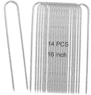 14 Pack 16 Inch Silver Galvanized Rebar Stakes, Heavy Duty Curved Ground U Hook