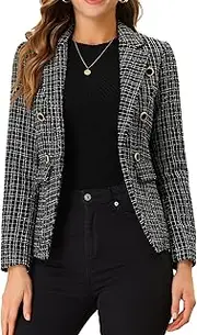 [Allegra K] Women's Elegant Plaid Jacket Long Sleeve Open Front Tweed Blazer