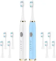 OOYY 2-Pack Electric Toothbrushes, Adult Travel Electric Toothbrushes, with 10 Replacement Brush Heads, 5 Modes, 2-Hour Charge for 60 Days (Blue&White)