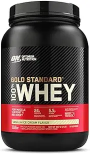 OPTIMUM NUTRITION Gold Standard 100% Whey Protein Powder, Vanilla Ice Cream, 907g - [2024/2025 plastic neck band packaging may vary]