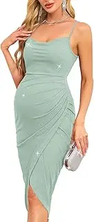 [AISWI] Sparkly Maternity Dress Cowl Neck Spaghetti Strap Ruched Bodycon Sheath Pregnancy Dresses Baby Shower Photoshoot, Sparkly Sage Green, XX-Large
