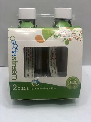 Brand New Set Of 2 SodaStream .5 Liter Carbonating Bottles White Lids PET