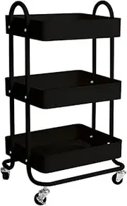 [Levede] 3 Tiers Kitchen Trolley Cart Steel Storage Rack Shelf Organiser Black, Metal Utility Cart, 3-Tier Kitchen Trolley with 4 Wheels, Rolling Storage Cart Trolley for Kitchen Storage & Organisation