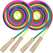 2Pcs Double Dutch Jump Rope, 16 Ft Adjustable Skipping Rope for Kids Adults, Wooden Handle Long Jump Rope, Multiplayer Jumping Rope for Fitness Outdoor Sport Training Exercise Weight Loss (Rainbow)
