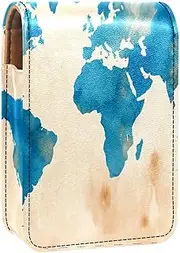 Travel Lipstick Organizer Case,Lipstick Case Portable Makeup Bag with Mirror,Blue Retro World Map
