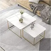Modern Nesting Coffee Table for Living Room, Sofa Side End Table Set with Marble Texture & Gold Metal Frame (White Sintered Stone)/White/50 * 40Cm + 70 * 50Cm Feito na China Comfortable Anniversary