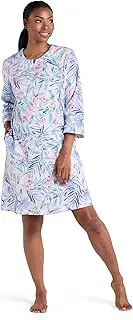 [Miss Elaine] Women's Interlock Knit Robe, Snap Front and Short Sleeves, Two Front Pockets, Sleepwear and Loungewear (Medium, Multi Trop Palm Floral), Multi Trop Palm Floral