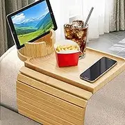 KISYONGUS Couch Arm Tray, 3-in-1 Sofa Armrest Tray with 360° Rotating Cup Holder & Phone Stand, Large Anti-Slip Foldable Chair Arm-Rest Trays for Snacks/Eating/Drinks/Remote, Bamboo Couch Cup Holder