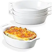 ONEMORE Au Gratin Baking Dish, 20 oz Individual Casserole Dishes for Oven Safe Ceramic Oval Baking Pan with Handles, Set of 4 Au Gratin Pans for Roasting, Lasagna, Baking Meat & Vegetables - White