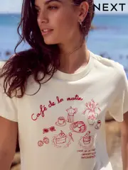 Graphic Ecru Cafe Print Essential Pure Cotton Short Sleeve Crew Neck T-Shirt (AE0377) | $15