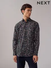 Navy Jacobean Floral Slim Fit 100% Cotton Long Sleeve Print Shirt (E15755) | $69