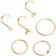 [Lovisa] Gold Plated Titanium Ring & Hook Nose 6-Pack | Premium Gold PVD Plated on Titanium | Hypoallergenic | On Trend Designs, metal, cubic-zirconia