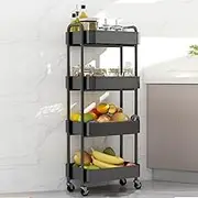 4-Tier Storage Rolling Cart Trolley Metal Mobile Shelving Organiser with 360° Swivel Wheels for Kitchen, Bedroom, Bathroom Laundry Office Multi-Purpose Rolling Organizer Trolley Shelf (White) (Black)