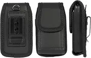 Flip Phone Case, Black Rugged Canvas Vertical Holster Holder Metal Clip and Secure Belt Thread Loop Harness - Quiet Magnetic Closure (Black, 12 * 7.5 * 3CM)