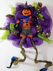 FREE $25 Halloween Happy Pumpkin 36" Posable Legs Look 24" Deco Mesh Wreath NEW