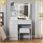 6 Drawers Dressing Table Stool w/ LED Lighted Mirror Makeup Vanity Desk Wood