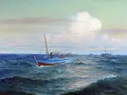 Seascape waves skiff boat L. Walden Tile Mural Kitchen Backsplash Ceramic 10x8