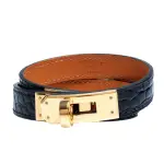 【HERMES 愛馬仕】經典KELLY DOUBLE TOUR金色轉釦鱷魚皮革二圈手環(黑-S-Q年H066303CK89S-BLK-OR)